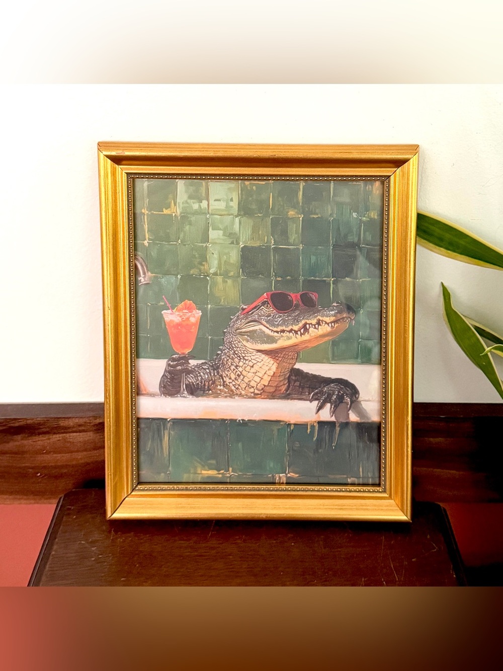 Crocodile in a Bathtub with a Cocktail Alligator Bathroom Canvas Art Print Frame